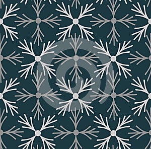 Geometric abstract snowflake seamless pattern. Christmas, all winter holiday concept. Simple sketch doodle style design