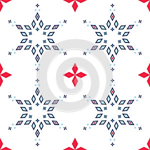 Geometric abstract snowflakes, seamless vector pattern of blue and red on white background