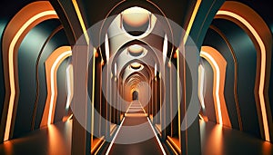 Geometric Arches, A Futuristic Hallway with Illusionary Patterns and Symmetries, Generative AI photo