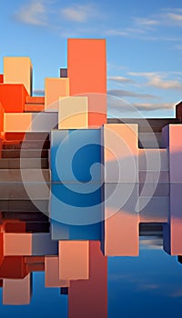 Geometric Architecture with Reflection on Water, Colouful building,Abstract Contemporary Cubes Shape Exterior with Blue sky and