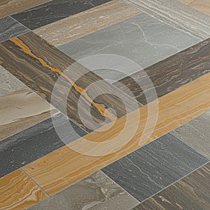 Geometric arrangement of rectangular tiles with varied patterns and textures. Colors