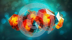 Geometric art background. A group of glass crystal with a orange flame inside it. AI generative