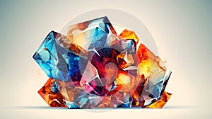 Geometric art background. A group of glass crystal with a orange flame inside it. AI generative