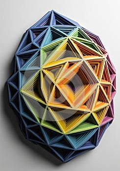 Geometric art piece mounted on a wall, featuring a layered design of triangular