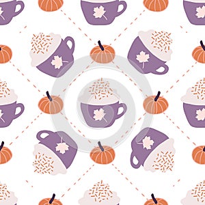 Geometric Autumn Pumpkins and Coffee Seamless Pattern Background