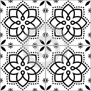 Geometric Azulejo vector tile seamless monochrome pattern inspired by Portuguese art, Lisbon style tiles background