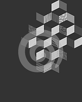 Geometric background in black,white and grey. Strips, strokes, circles, lines, doodle. Drawings by hand. Vector