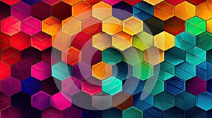geometric background design with a hexagonal pattern composed of bright colors and vector shapes.