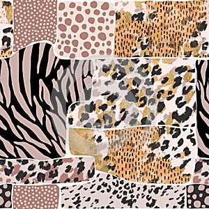 Geometric background with leopard spotted fur imitation, zebra stripes, creative wild cat rosettes in brazen golden foil pastel