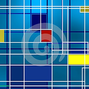 Geometric background over blue, with red and yellow colorsletters