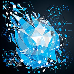Geometric Bauhaus 3d vector blue background with low poly abstract demolished object created from circles and connected lines. Be