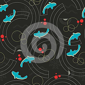 Geometric black background with blue fishes. Seamless marine pattern