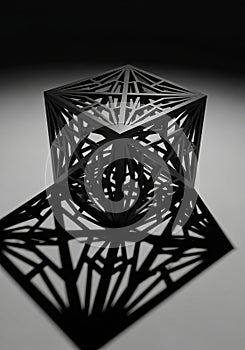Geometric black cube with an intricate pattern of intersecting lines creating a three-