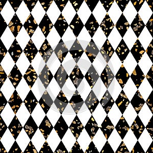 Geometric Black and White Terrazzo Stone Texture Seamless Pattern Design with Gold Details. Rhombus Background