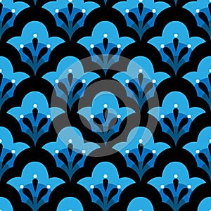 Geometric blooming flower shapes botanical colorful white blue indigo black seamless pattern