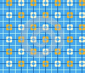 Geometric blue background with orange squares, seamless, color.