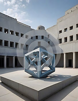 Geometric blue sculpture in open plaza, modern art installation captivating the public space, Generative AI