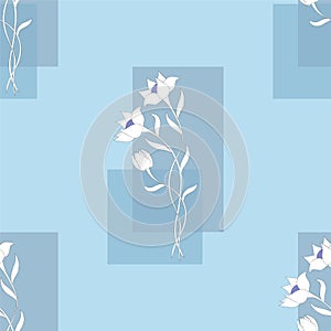 Geometric blue seamless pattern with three white flowers