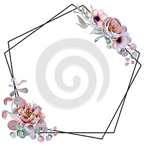 Geometric botanical design frame. Wild flowers, peonies, anemone, leaves and herbs.