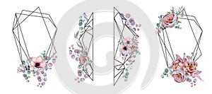 Geometric botanical design frame. Wild flowers, peonies, anemone, leaves and herbs.