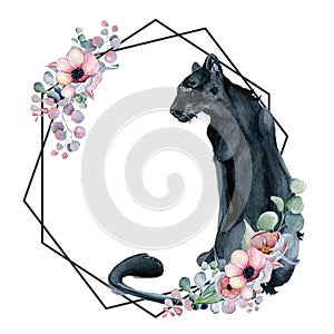 Geometric botanical design frame. Wild panther, flowers, leaves and herbs.