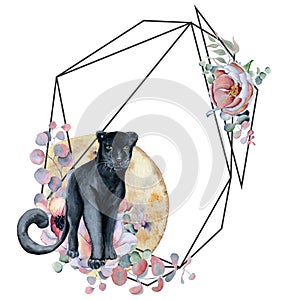 Geometric botanical design frame. Wild panther, moons, flowers, leaves and herbs.