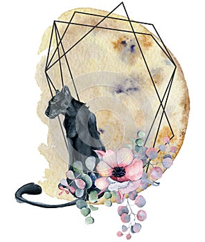 Geometric botanical design frame. Wild panther, moons, flowers, leaves and herbs.