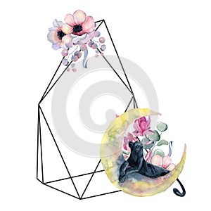 Geometric botanical design frame. Wild panther, moons, flowers, leaves and herbs.
