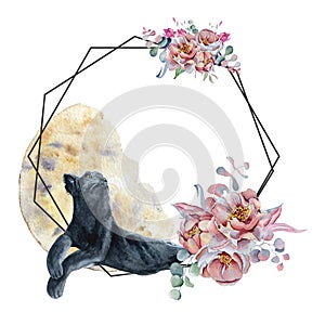 Geometric botanical design frame. Wild panther, moons, flowers, leaves and herbs.