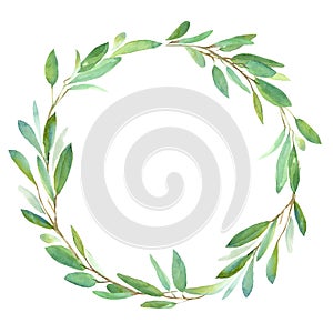 Geometric botanical design wreath. Green leaves. Watercolor illustration for wedding invitation design, branding, web