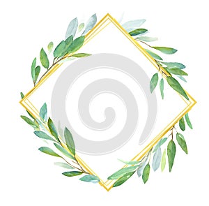 Geometric botanical golgen frame. Green leaves. Watercolor illustration for wedding invitation design, branding, web