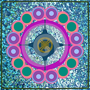 Geometric Bright Circles On Blue Glitter Background Circular Design