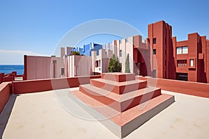 Geometric building construction. The red wall, La manzanera. Calpe photo