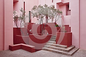 Geometric building design. The red wall, La manzanera. Calpe