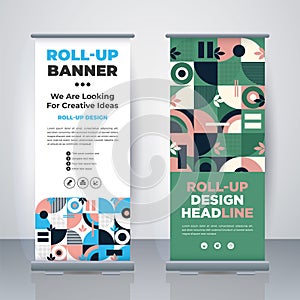 Geometric Business Roll Up. Standee Design. Banner Template. Presentation and Brochure. Geometric x-banner and flag-banner