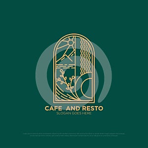 Geometric for cafe and restaurant logo design, outline food and beverages vector illustration, fine dining logo template