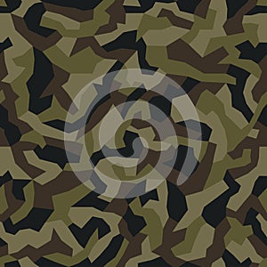 Geometric camo seamless pattern. Abstract military or hunting camouflage background. Brown, green color. Vector.