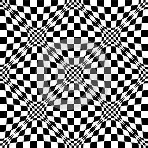 Geometric checkered pattern. Black white shape distortion illusion design with circles and waves.