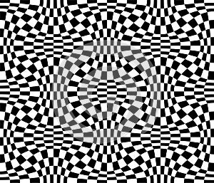 Geometric checkered pattern. Black white shape distortion illusion design with waves.