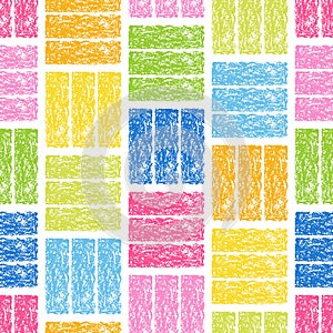 Geometric Checkered Seamless Pattern of Hand-Drawn Blue, Green, Orange, Pink, Yellow Rectangular Scribbles on White Backdrop.