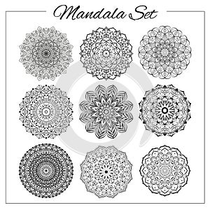 Geometric circular ornament set. Isolated vector mandalas for coloring book printing, design, logo, yoga, indian and