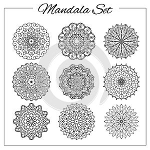 Geometric circular ornament set. Isolated vector mandalas for coloring book printing, design, logo, yoga, indian and