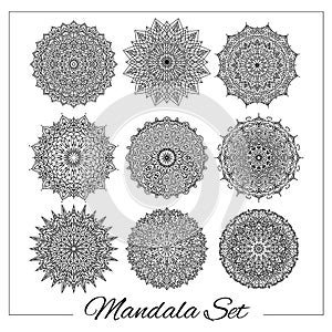 Geometric circular ornament set. Isolated vector mandalas for coloring book printing, design, logo, yoga, indian and