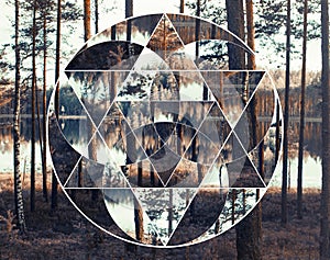 Geometric collage with the lake and nordic forest, sacred geometry