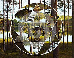 Geometric collage with the lake and nordic forest, sacred geometry