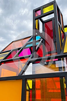 Geometric colored glass sculpture, colorful modern architecture, contemporary art