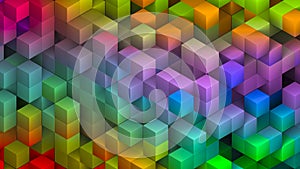 Geometric colorful abstract 3D background of rainbow squares and cubes. Science, design, game, technology, lifestyle