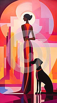 Geometric colorful art lady person and pet dog