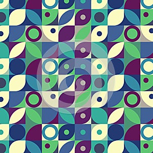 Geometric complex pattern seamless with rings small circles petals squares beige green blue crimson vector image