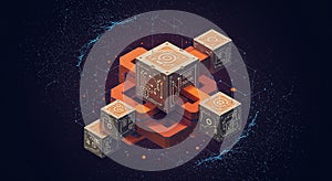 Geometric composition features interconnected cubes with circuit-like patterns o